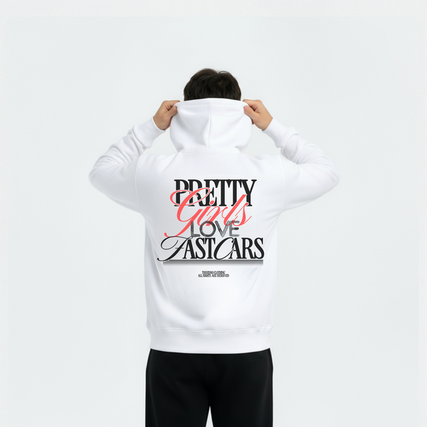 Hoodie Pretty Girl Love Fast Cars – dos avec visuel typographique stylisé