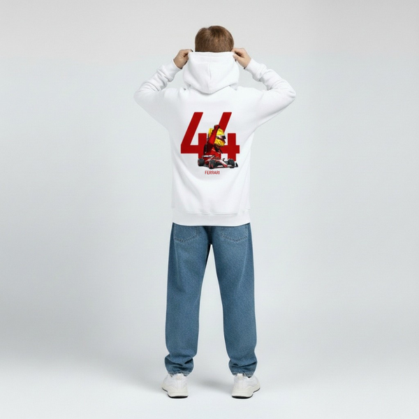 Sweat F1 enfant Lewis Hamilton blanc – numéro 44 et visuel Ferrari SF-25 au dos