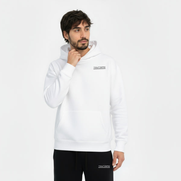Hoodie BMW M2 Smoke and Speed blanc – logo Tourismo imprimé côté cœur, coupe sans cordons
