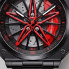 Primer plano de la llanta y de la pinza grabada PORSCHE, reloj Porsche 911
