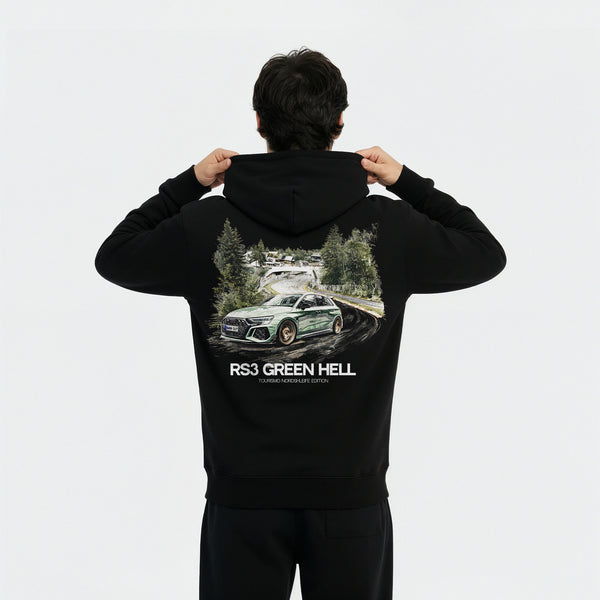 Sweat à capuche Audi RS3 Green Hell noir – visuel dos RS3 sur le Nürburgring, édition Tourismo Clothing