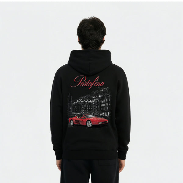 Sweat à capuche Ferrari Testarossa noir vu de dos – visuel rouge iconique et typographie vintage