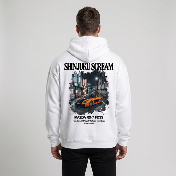 Sweat Mazda RX-7 FD3S Shinjuku Scream blanc, vue dos : design Shinjuku by night, Tourismo Clothing