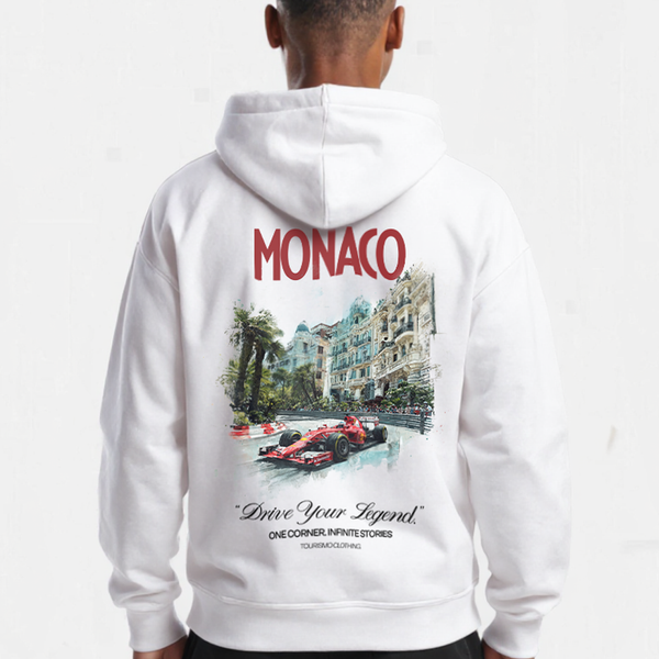 Gros plan du sweat blanc Monaco Grand Prix Édition avec design artistique du circuit monégasque