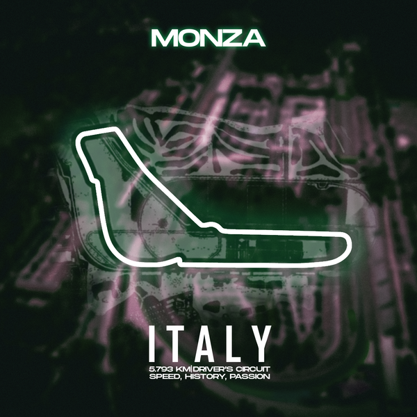 Toile canvas circuit F1 Monza, tracé néon vert lumineux sur fond sombre, hommage au Temple de la Vitesse