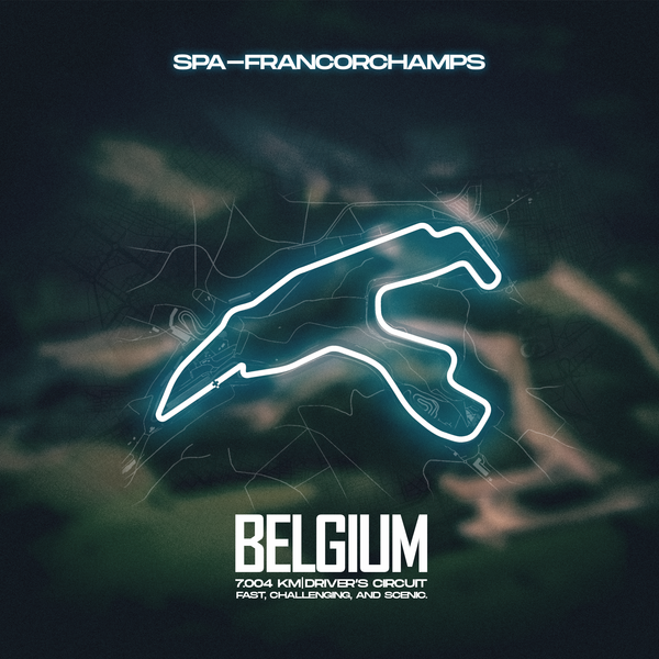 Toile canvas circuit F1 Spa-Francorchamps Belgique, tracé lumineux bleu avec mention Belgium, hommage au virage Eau Rouge
