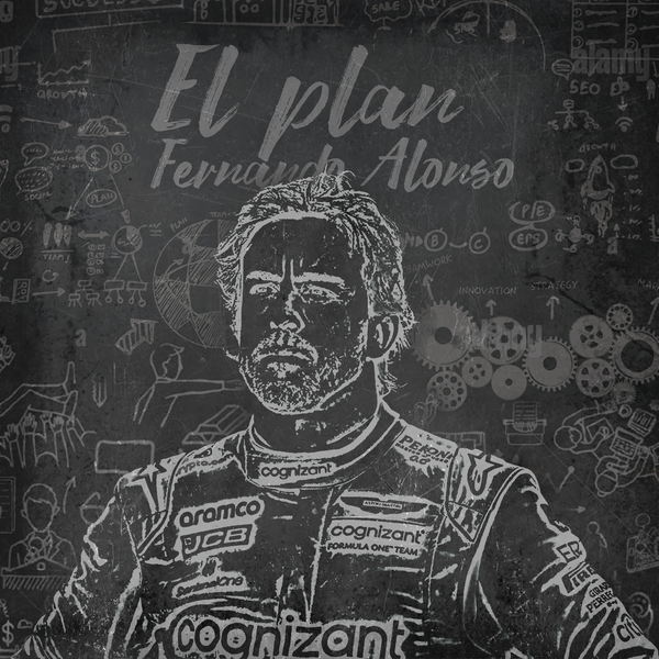 Toile F1 Fernando Alonso Le Plan en visuel produit, design tableau noir style chalk art avec schémas de stratégie et portrait du pilote