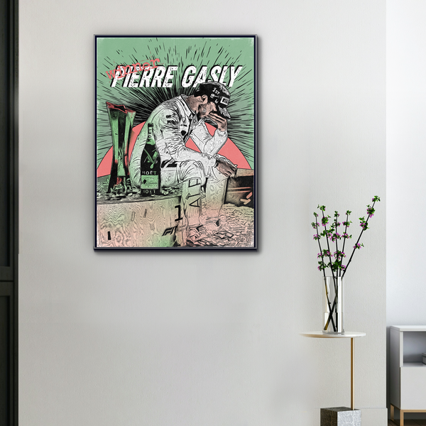 Toile Pierre Gasly Winner, accrochée au mur avec cadre noir, hommage à la victoire historique de Monza 2020 en style artistique rétro