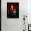Toile murale F1 Max Verstappen et Sergio Pérez Red Bull accrochée dans un salon moderne avec cadre noir