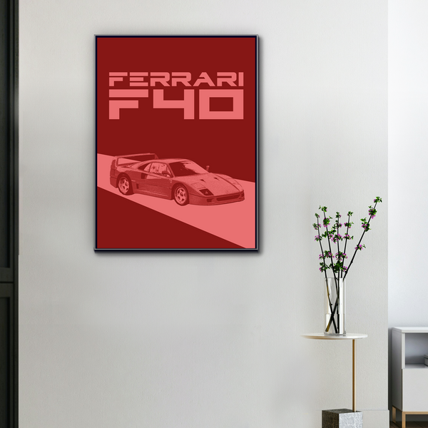 Toile Ferrari F40 graphique accrochée dans un intérieur design avec cadre noir et fond rouge profond