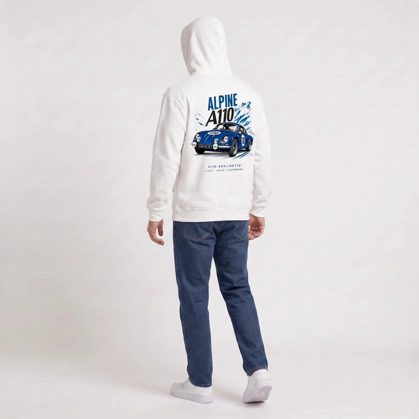 Sweat Alpine A110 blanc porté de dos en plan large