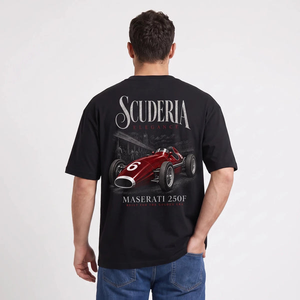 T-shirt Maserati 250F Scuderia Elegance noir, monoplace rouge numéro 6 vue de dos