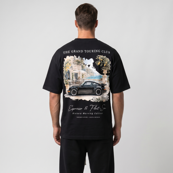 T-shirt noir oversize Grand Touring Club avec print dos aquarelle 911 Turbo et citronniers, Tourismo Clothing