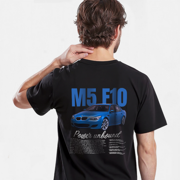 T-shirt noir BMW M5 V10 avec visuel voiture bleue, vue de dos