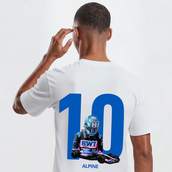 T-shirt blanc F1 Pierre Gasly, gros plan sur le design avec numéro 10 bleu et voiture Alpine