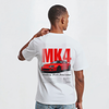 T-shirt blanc Toyota Supra MK4 avec design 2JZ et voiture orange métallisée imprimée dans le dos