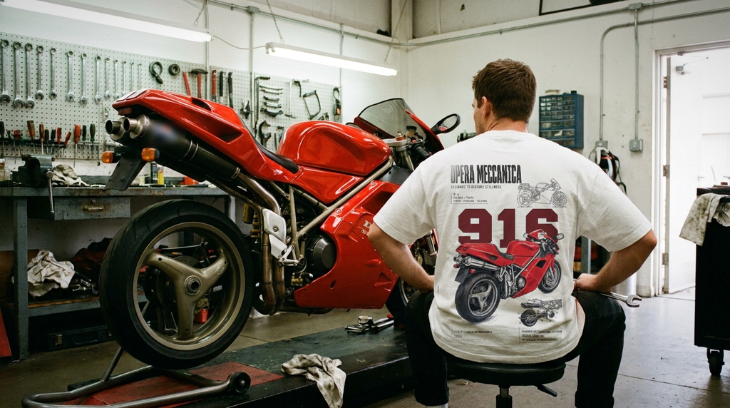 T-shirt moto Opera Meccanica 916 porté de dos dans un atelier, face à une Ducati 916 rouge
