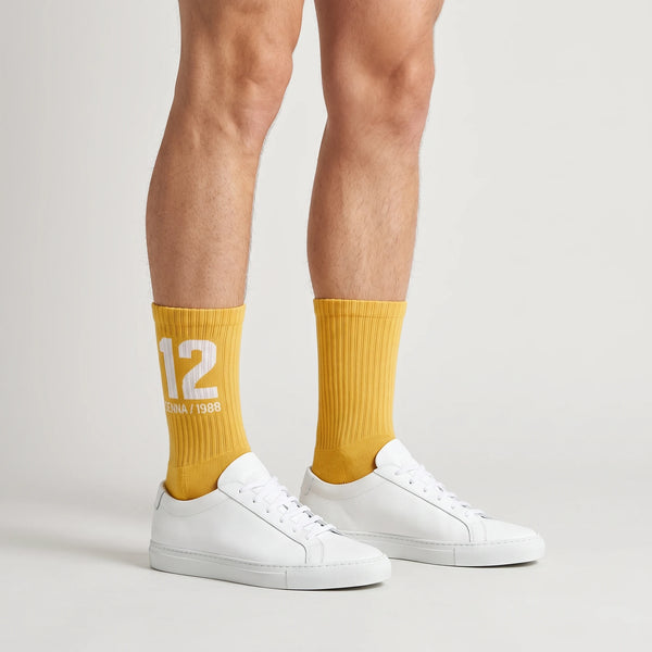 Calcetines Ayrton Senna 12, temporada 1988 amarillo, puestos, el par de frente
