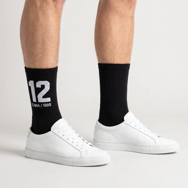 Calcetines Ayrton Senna 12, temporada 1988 negro, puestos, el par de frente