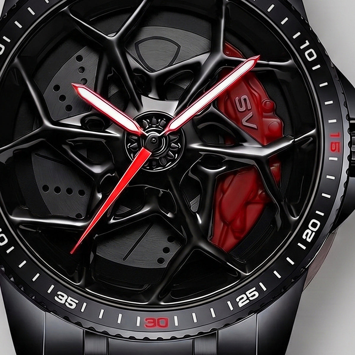 Primer plano de la llanta y de la pinza grabada SV, reloj Lamborghini SV