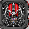Primer plano del bloque motor y del tourbillon, reloj moteur V12