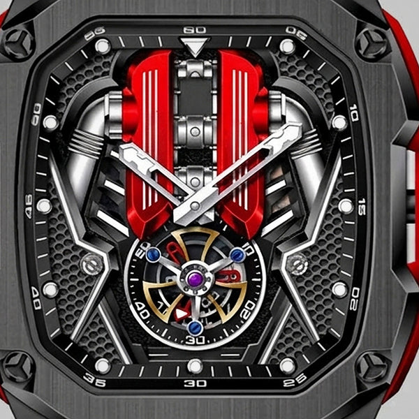 Primer plano del bloque motor y del tourbillon, reloj moteur V12