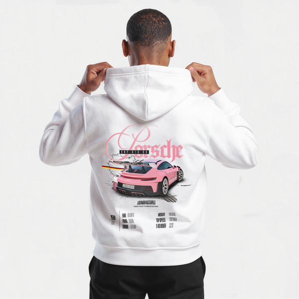 Sweat blanc Porsche 992 GT3 RS Performance avec design imprimé dans le dos, tracé Nürburgring et données techniques