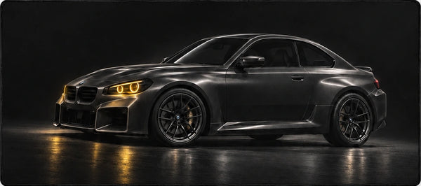 Alfombrilla de ratón BMW M2 negro faros amarillos, detalle del diseño impreso