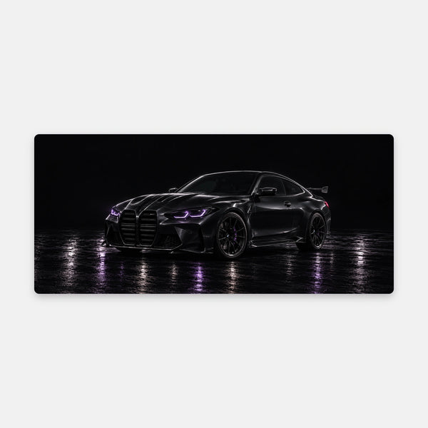 Alfombrilla de ratón BMW M4 luces violetas, vista de la alfombrilla en plano