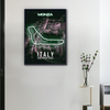 Toile murale circuit F1 Monza en néon vert, accrochée dans un salon moderne avec plante décorative