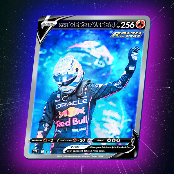 Toile F1 Max Verstappen Carte Légendaire en visuel produit, illustration inspirée trading card avec tenue Red Bull Racing et fond cosmique