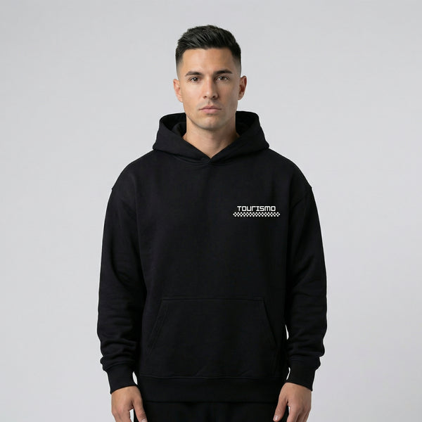 Sweat à capuche BMW M4 Night Run noir vue de face avec logo Tourismo Clothing sur la poitrine