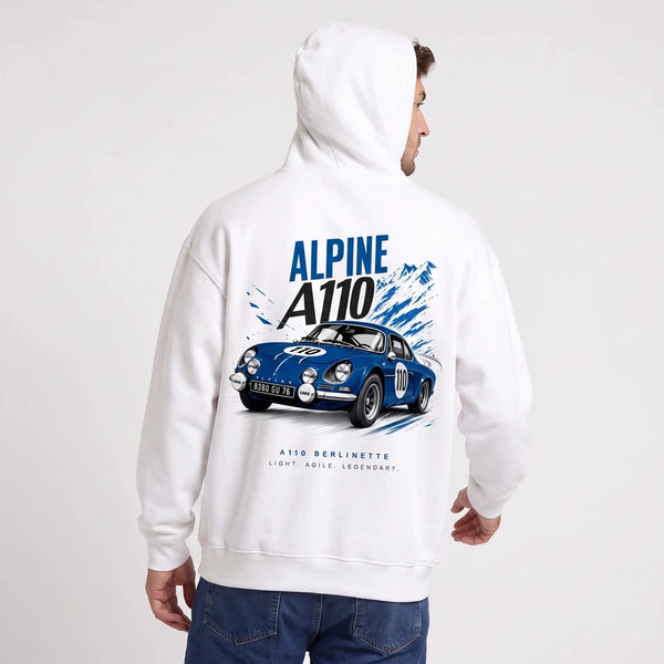 Sweat Alpine A110 blanc à capuche, berlinette bleue numéro 110 vue de dos
