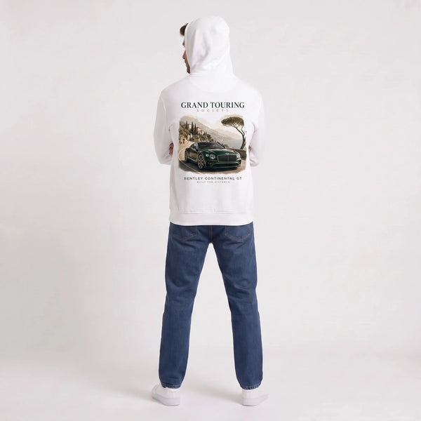 Sweat Bentley Continental GT Grand Touring Society blanc porté de dos en plan large