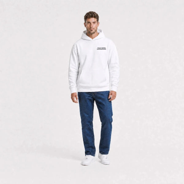 Sweat Fiat 131 Abarth blanc vu de face en plan large avec logo Tourismo
