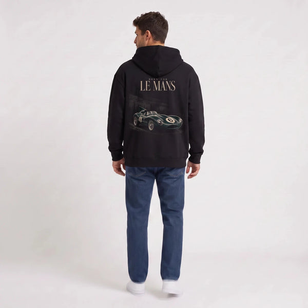 Sudadera con capucha Jaguar D-Type Le Mans N°6 Born for Le Mans negra, visto de espaldas
