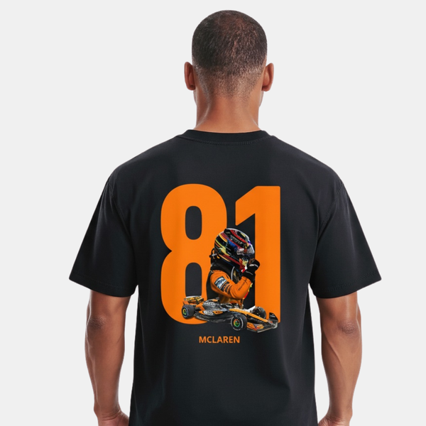 T-shirt F1 Oscar Piastri noir – flocage racing avec voiture MCL39 et casque