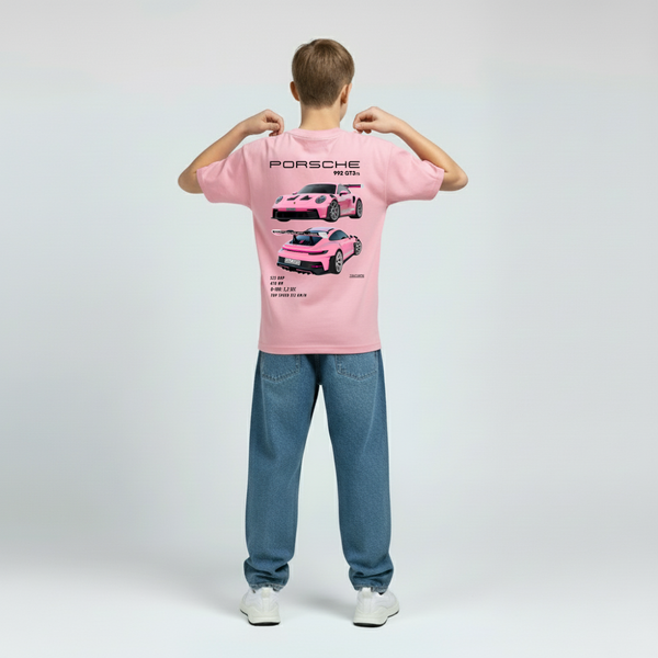 T-shirt enfant rose Porsche GT3 RS avec visuel dorsal “Engineered for Speed”