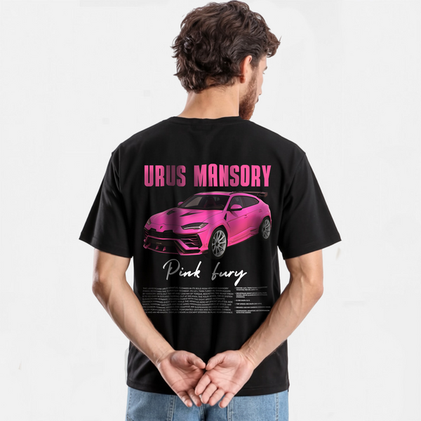 T-shirt noir avec design Lamborghini Urus Mansory rose, dos visible sur mannequin