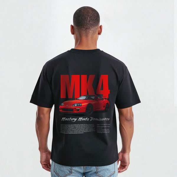 T-shirt noir Toyota Supra MK4 avec design 2JZ et voiture orange métallisée imprimée dans le dos